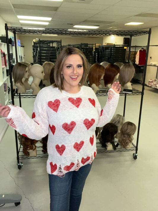! Kristi's White Distressed Sweater with Red Hearts